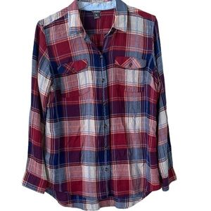 Eddie Bauer Women’s Button-down Red Plaid Long Sleeves Size Large Textured